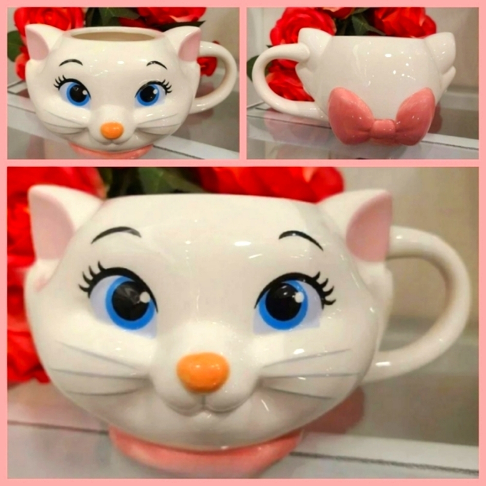 DISNEY Ceramic 3D Mug Cup Marie Aristocats White Cat Kitten Pink Coquette Bow
